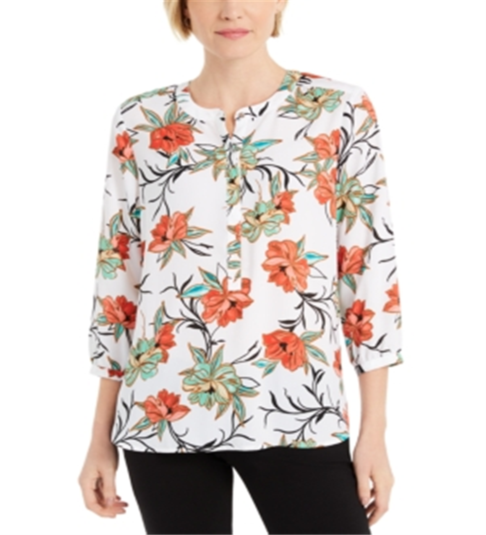 JM Collection Women's  Printed 3/4-Sleeve Top  White Size XS