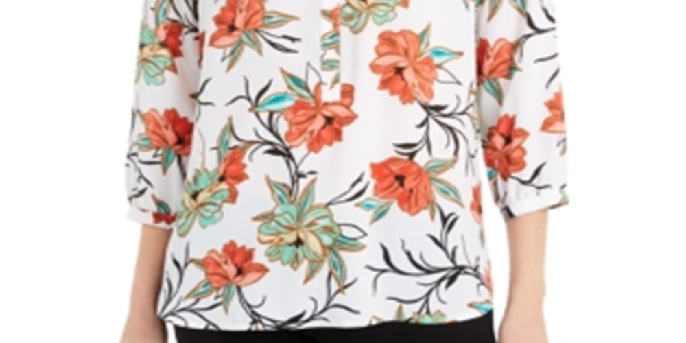 JM Collection Women's  Printed 3/4-Sleeve Top  White Size XS