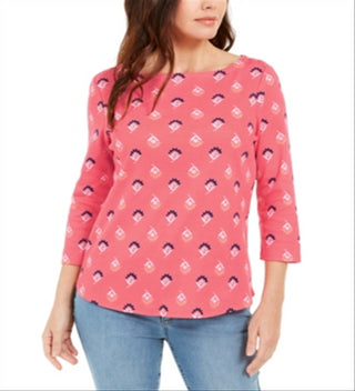 Charter Club Women's Printed Boat-Neck Top  Red Size Large