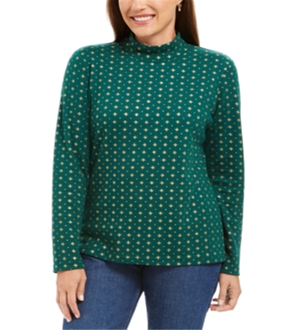 Karen Scott Women's Snowflake Dot Printed Mock-Nec Spruce Night Size M