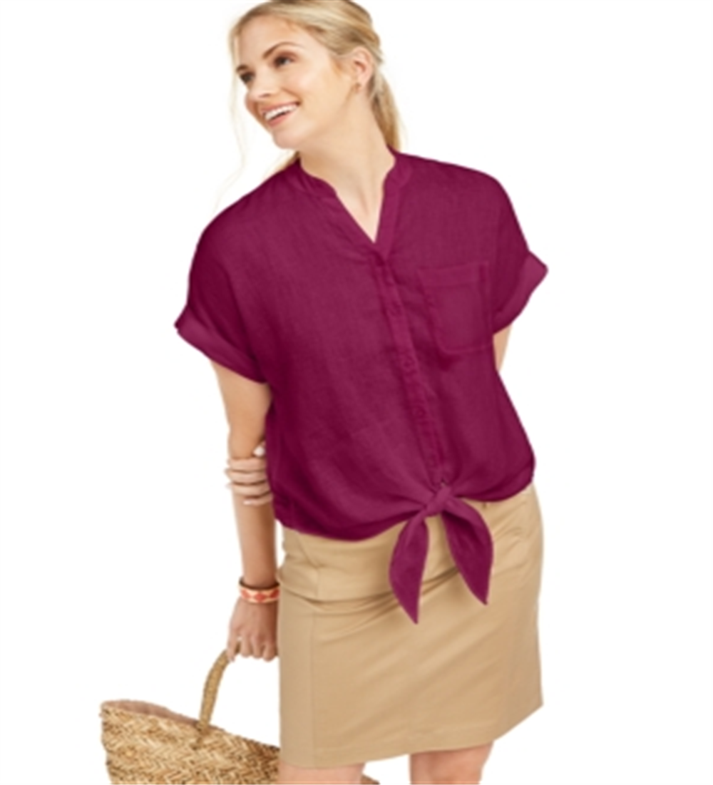 Charter Club Women's Linen Tie-Front Button-up Shirt  Red Size Large