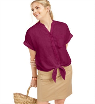 Charter Club Women's Linen Tie-Front Button-up Shirt  Red Size Large