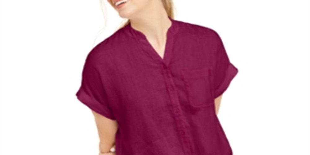 Charter Club Women's Linen Tie-Front Button-up Shirt  Red Size Large