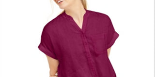 Charter Club Women's Linen Tie-Front Button-up Shirt  Red Size Large