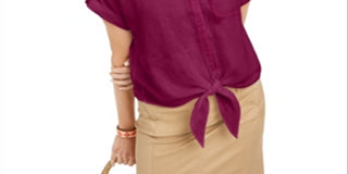 Charter Club Women's Linen Tie-Front Button-up Shirt  Red Size Large