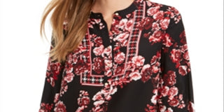 Charter Club Women's Mixed Print Henley Top Red Size Petite