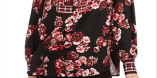 Charter Club Women's Mixed Print Henley Top Red Size Petite