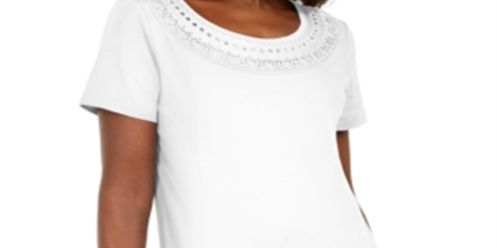 Karen Scott Women's Cotton Crochet-Trim T-Shirt  White Size 2XL