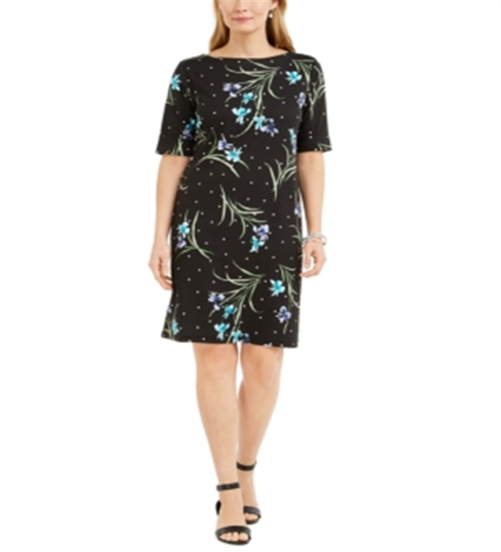 Karen Scott Women's Printed Boat-Neck Dress Black Size Small