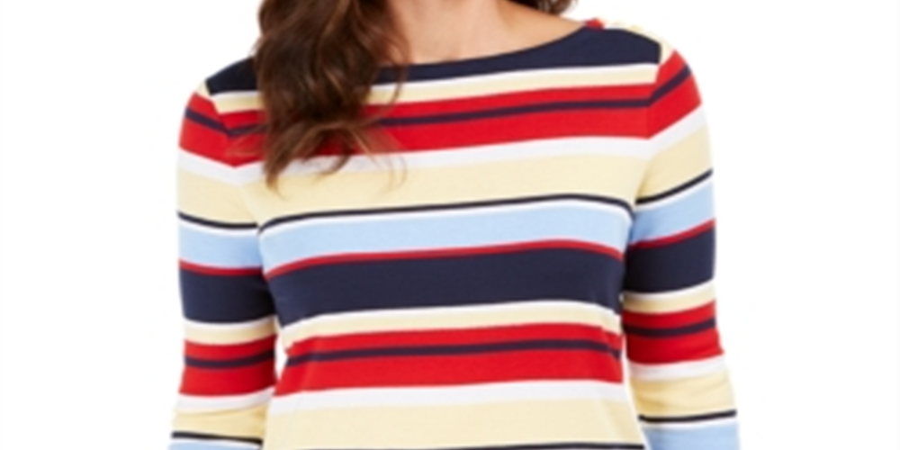 Charter Club Women's  Pima Cotton Button-Shoulder Stripe Top  Yellow Size XL