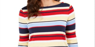 Charter Club Women's  Pima Cotton Button-Shoulder Stripe Top  Yellow Size XL