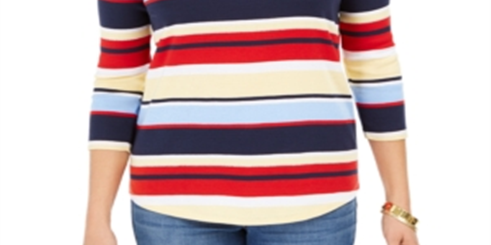 Charter Club Women's  Pima Cotton Button-Shoulder Stripe Top  Yellow Size XL