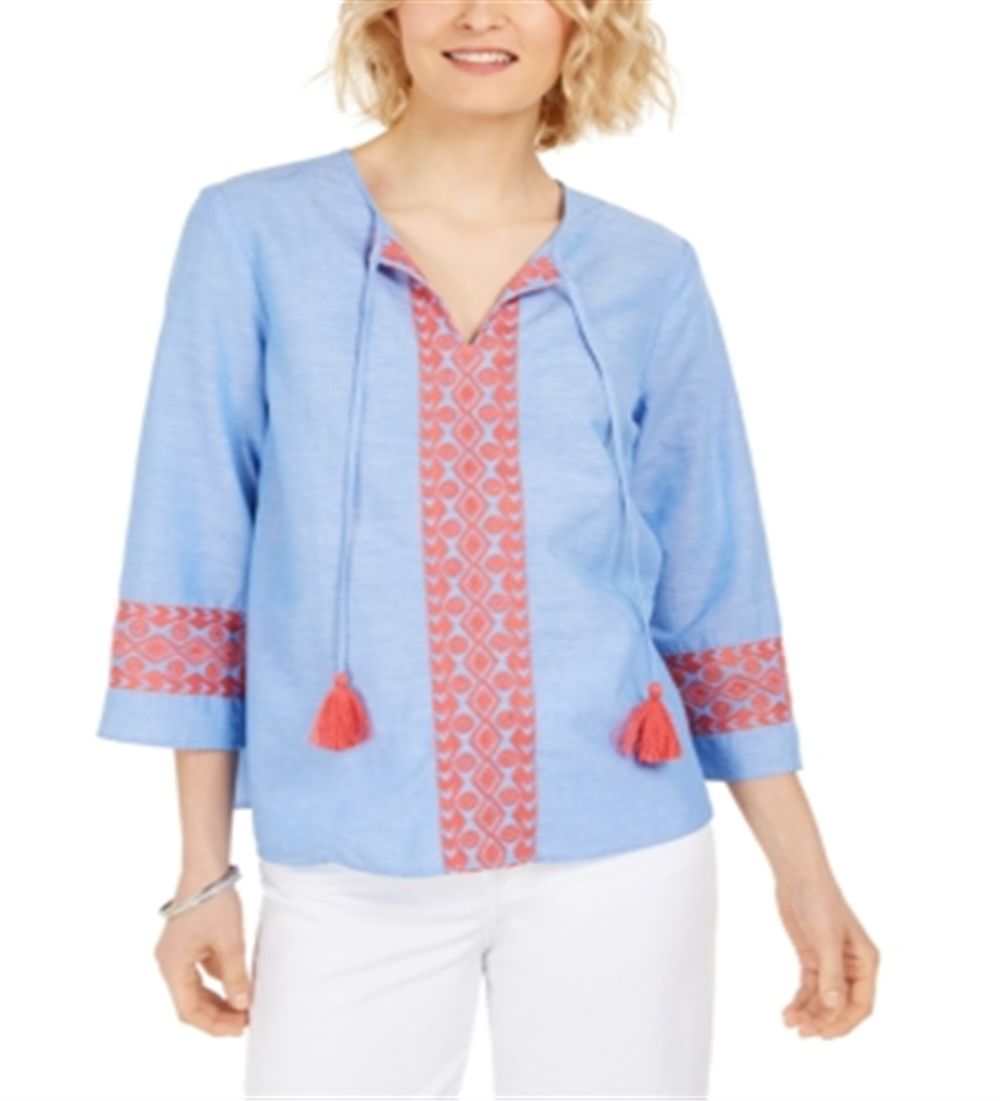 Charter Club Women's Embroidered Tasseled Blouse  Blue Size M