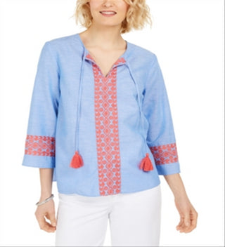 Charter Club Women's Embroidered Tasseled Blouse  Blue Size M