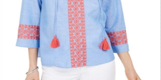 Charter Club Women's Embroidered Tasseled Blouse  Blue Size M