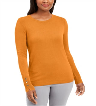 JM Collection Women's Button-Cuff Crewneck Sweater  Orange Size Large