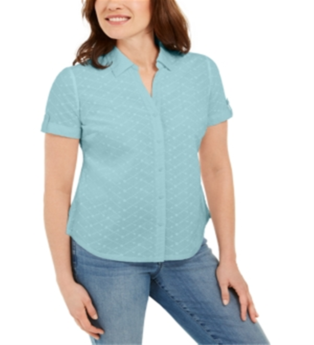 Karen Scott Women's Cotton Embroidered Shirt  Blue Size Large