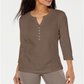 Karen Scott Women's Eyelet Front Cotton Henley Top Brown Size Petite