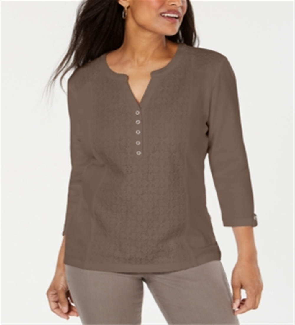 Karen Scott Women's Eyelet Front Cotton Henley Top Brown Size Petite