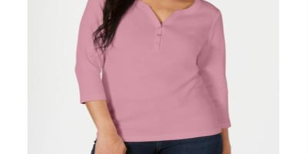 Karen Scott Women's  Henley Top  Mellow Rose Pink Size Medium