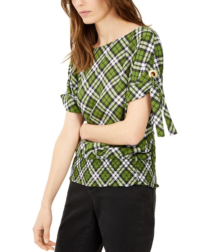 Michael Michael Kors Plaid Grommet-Sleeve Top Green Size XXS