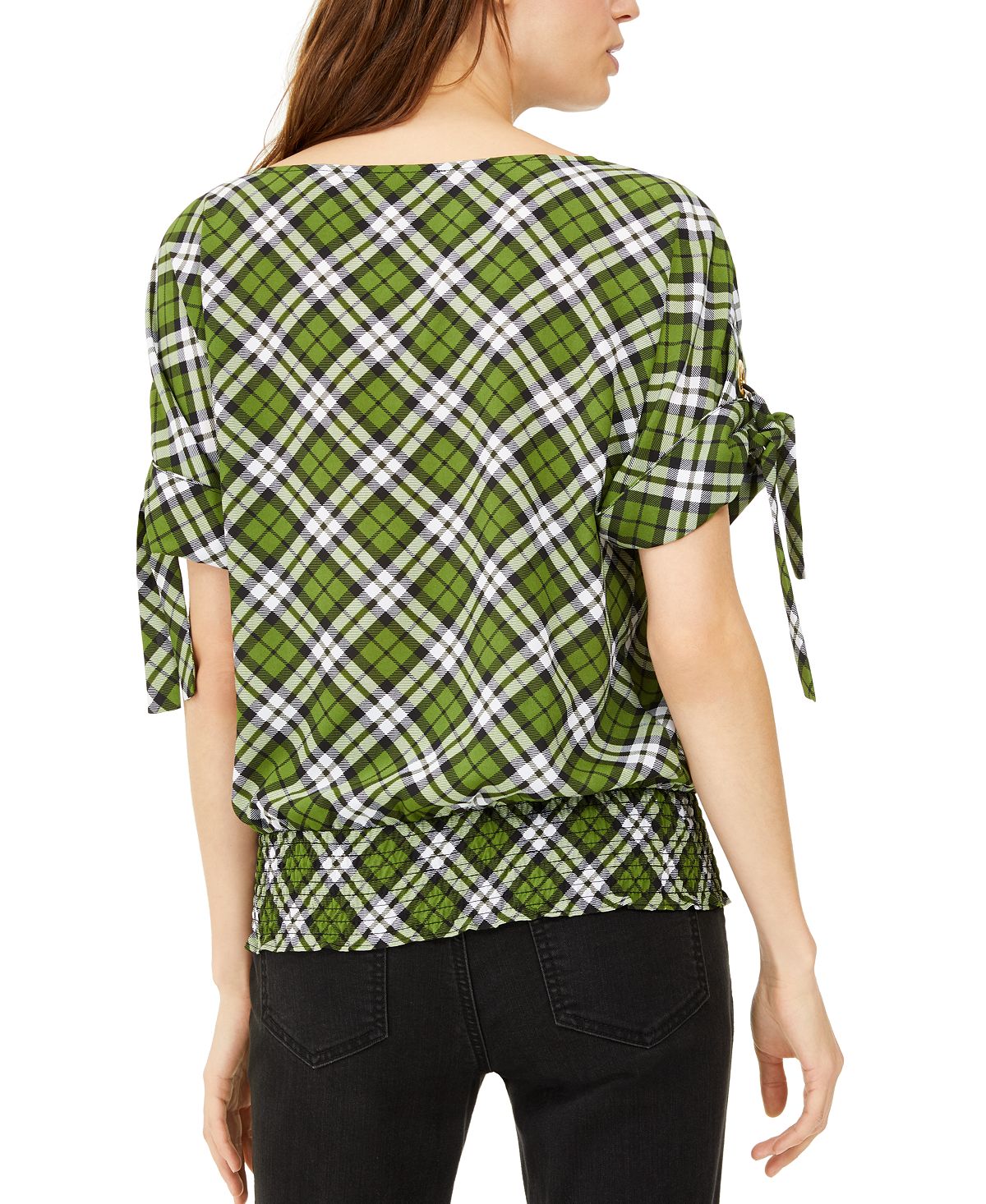 Michael Michael Kors Plaid Grommet-Sleeve Top Green Size XXS