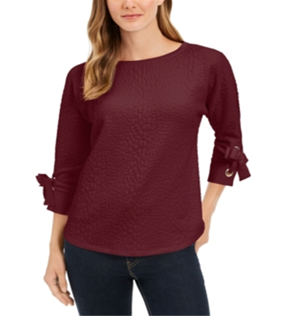 Charter Club Women's Jacquard Bow Cuff Top Red Petite Small