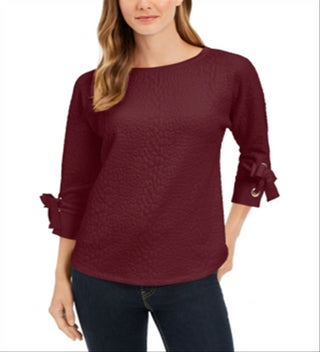Charter Club Women's Jacquard Bow Cuff Top Red Petite Small