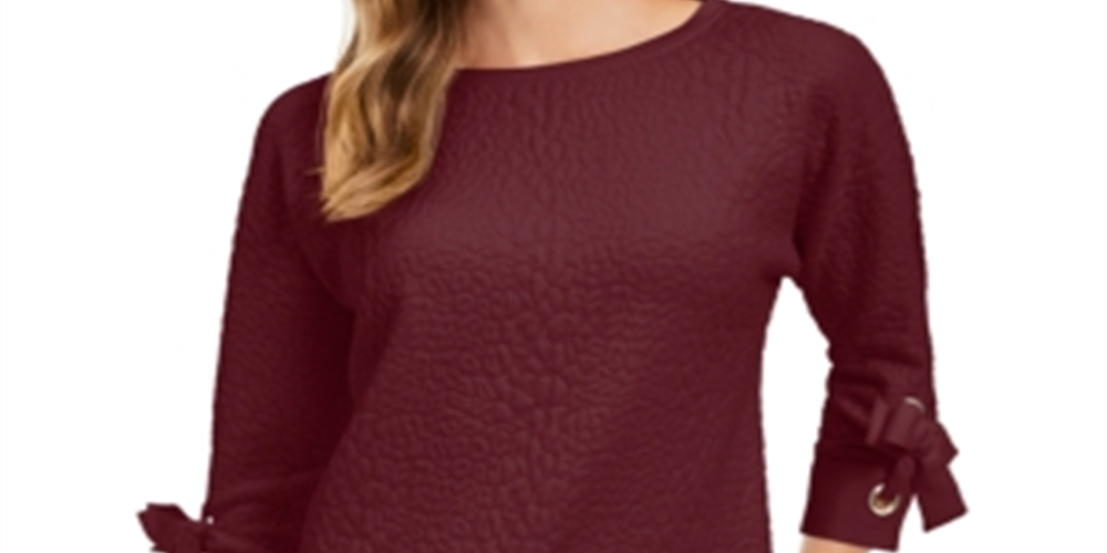 Charter Club Women's Jacquard Bow Cuff Top Red Petite Small