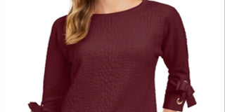 Charter Club Women's Jacquard Bow Cuff Top Red Petite Small