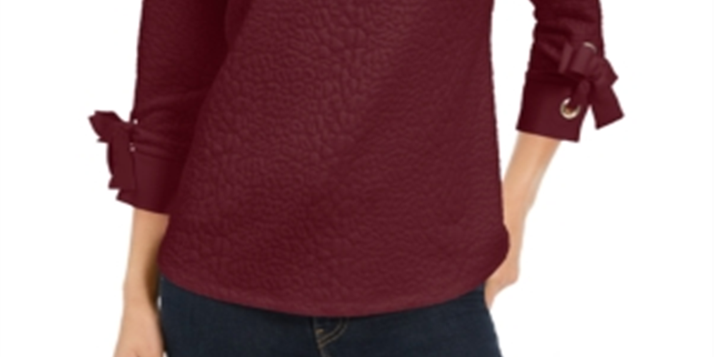 Charter Club Women's Jacquard Bow Cuff Top Red Petite Small