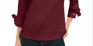 Charter Club Women's Jacquard Bow Cuff Top Red Petite Small