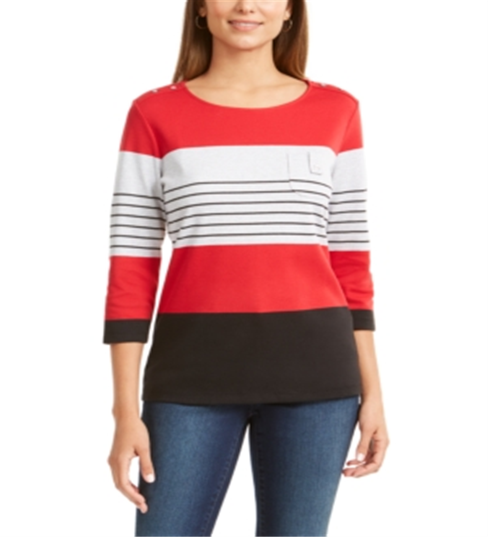 Karen Scott Petite Colorblocked Striped Top Red Size Petite M