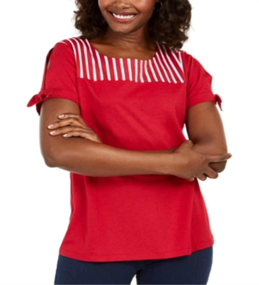 Karen Scott Women's Striped-Yoke Top  Red Size Large