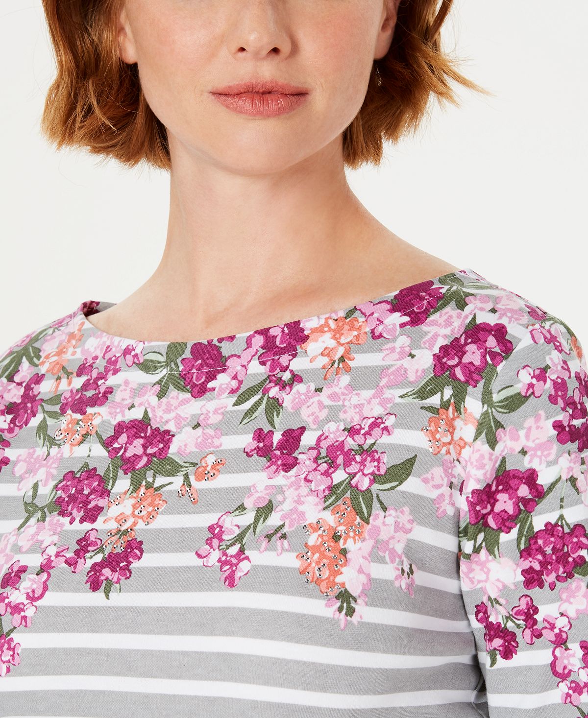 Karen Scott Women's Three Quarter Sleeve Printed Top Gray Size Large