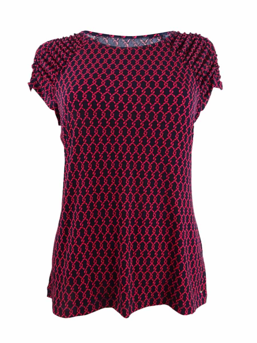 Tommy Hilfiger Women's Printed Ruched Sleeve Top Red Size X-Large