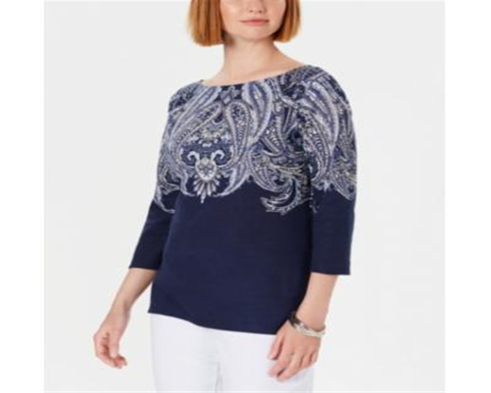 Karen Scott Women's Paisley Boat Neck Top Blue Size Petite