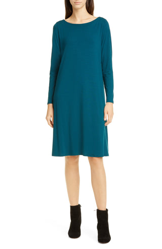 Eileen Fisher Women's Bateau Neck Long Sleeve Dress Blue Size Petite Medium
