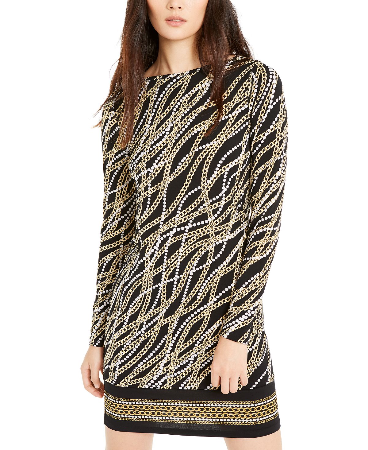 Michael Kors Women's Printed Long Sleeve Sheath Dress Black Size Small