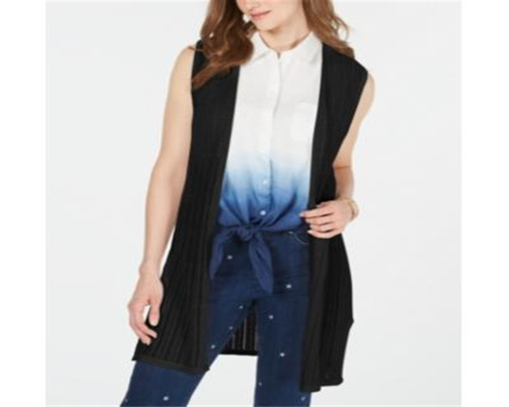 Charter Club Women's Open Front Pointelle Vest Black Size Large