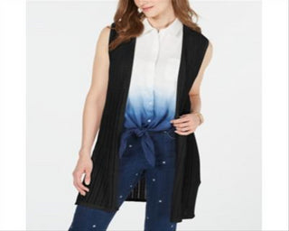 Charter Club Women's Open Front Pointelle Vest Black Size Large