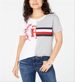 Tommy Hilfiger Women's Multi Short Sleeve Spliced Logo T-Shirt White Size M