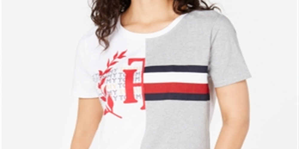 Tommy Hilfiger Women's Multi Short Sleeve Spliced Logo T-Shirt White Size M