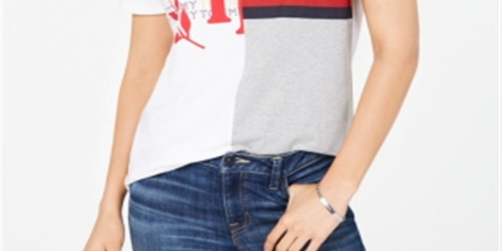 Tommy Hilfiger Women's Multi Short Sleeve Spliced Logo T-Shirt White Size M