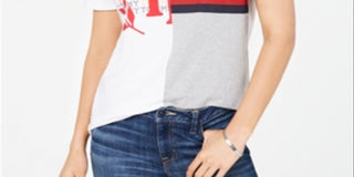 Tommy Hilfiger Women's Multi Short Sleeve Spliced Logo T-Shirt White Size M