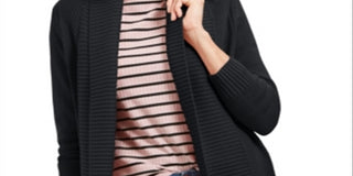 Charter Club Women's Shawl Collar Mixed Stitch Sweater Black Petite Small