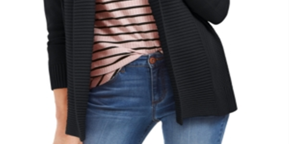 Charter Club Women's Shawl Collar Mixed Stitch Sweater Black Petite Small