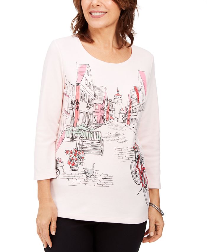 Karen Scott Women's Graphic Embellished Top Pink Size Petite S