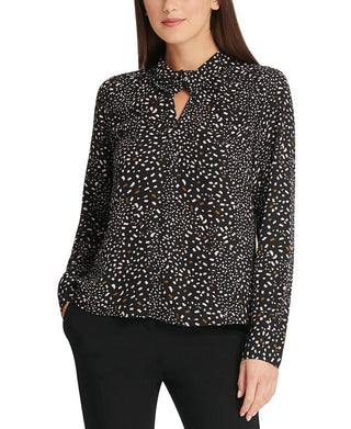 DKNY Women's Confetti Print Twist Neck Top Gray Size X-Small
