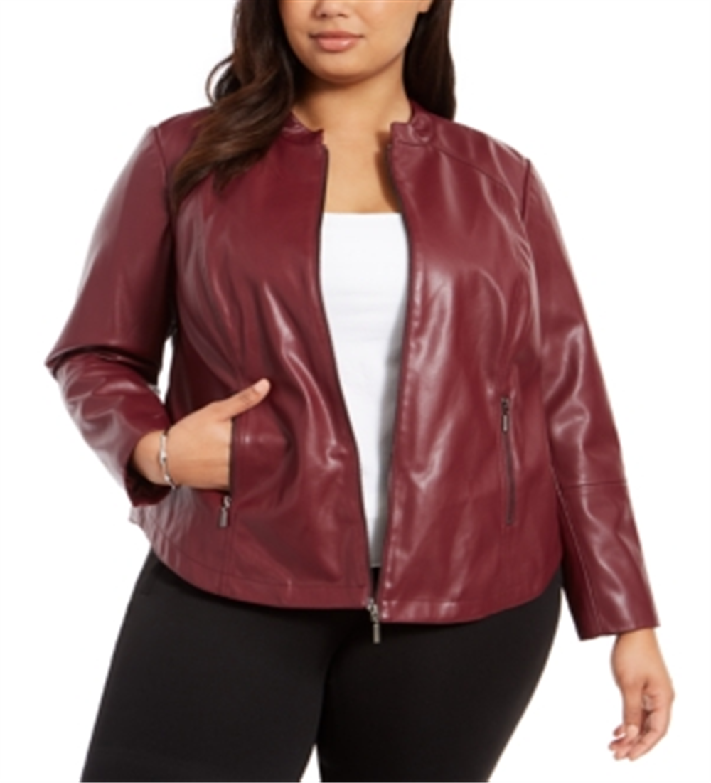 Alfani Women's Plus Faux Leather Jacket Wine  Size 0X